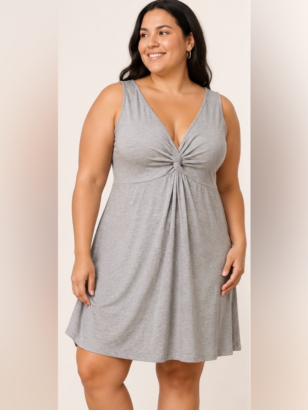 Boutique Dress Large L Jersey Knit Drift Twist Front Pleated Deep V Chambray New